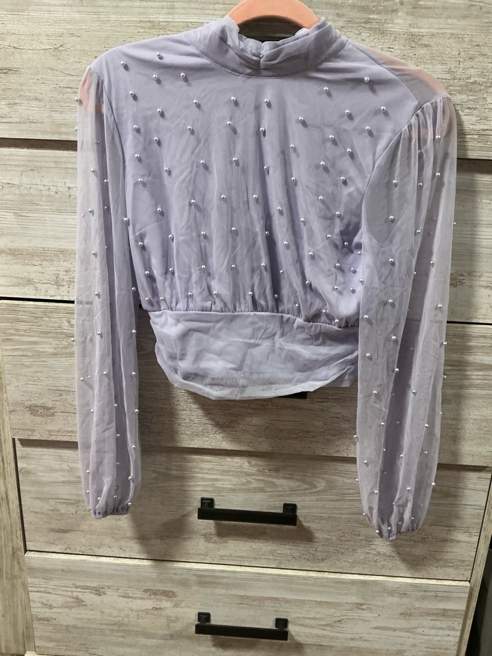 Lavender Pearl-Trim Sheer Long-Sleeve Crop Top